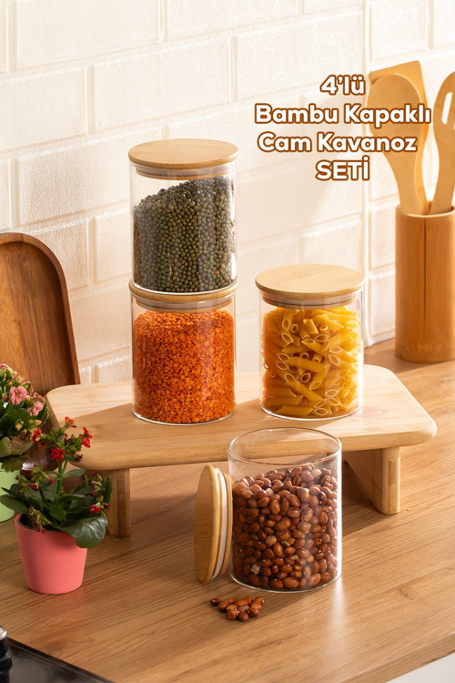 1-4 Bambu Vakumlu Kapaklı Yuvarlak Borosilikat Cam 4lü Kavanoz Seti Saklama Kabı 750ml 10x12cm