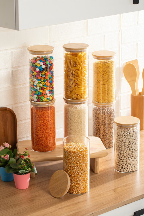 3-4 Bambu Vakumlu Kapaklı Yuvarlak Borosilikat Cam 8li Kavanoz Seti Saklama Kabı 1650ml 10x25cm