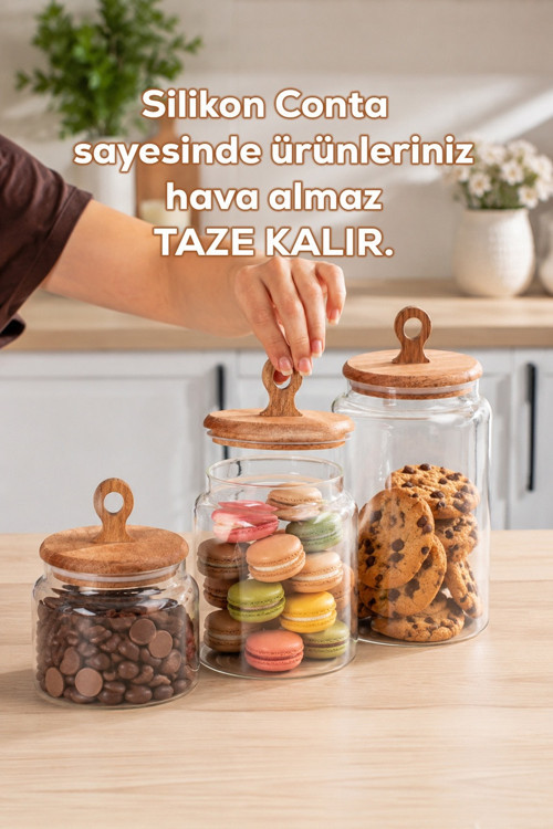 4469 Handmade Vakum Kapaklı 3lü Cam Kavanoz Seti Vakum Kapaklı Saklama Düzenleme Kabı Seti