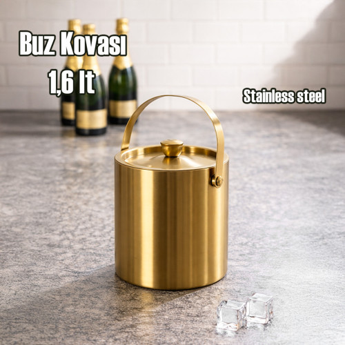 LFS-1,6 Termoslu Çift Cidarlı iki katmanlı Paslanmaz Çelik 1,6lt Buz Kovası Kapaklı Buzluk Gold