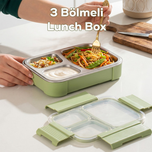 BL25238 Isı Yalıtımlı Paslanmaz Çelik Sızdırmaz Silikon Kapak 3 Bölmeli Vakumlu Yemek Termosu Beslenme Kutusu Taşınabilir Lunch Box Sefer Tası