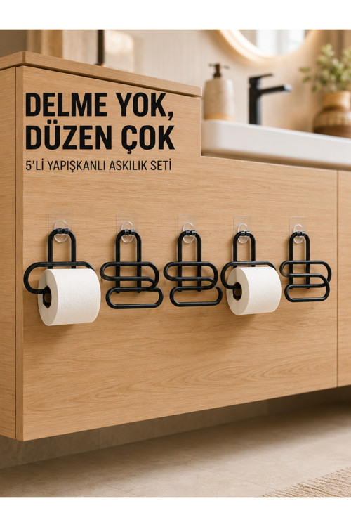 Siyah Metal Tuvalet Kağıdı Tutucu 5’li Set Yapışkanlı Duvar Tipi Banyo WC Askısı