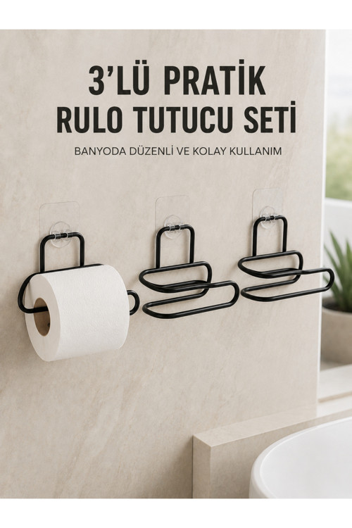 3’lü Yapışkanlı Tuvalet Kağıdı Tutucu Seti Siyah Duvar Tipi Rulo Kağıtlık