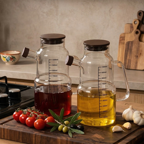 LM-0107 Evora Kapaklı Borosilikat Cam 2li Yağlık Sirkelik Yağdanlık Seti 1000ml