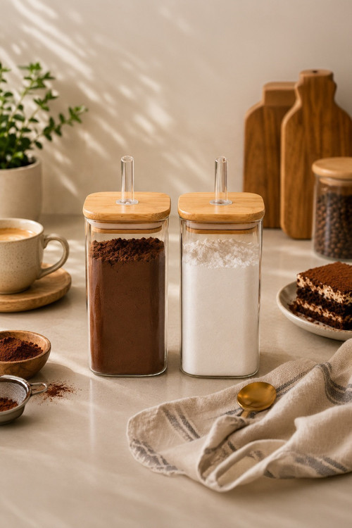 Cubes 2'li Bambu Kapaklı Borosilikat Cam Yağlık ve Baharatlık Seti 290 ml – 6x10 cm