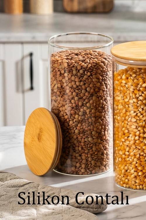 2-3 Bambu Vakumlu Kapaklı Yuvarlak Borosilikat Cam 6lı Kavanoz Seti Saklama Kabı 1300ml 10x20cm