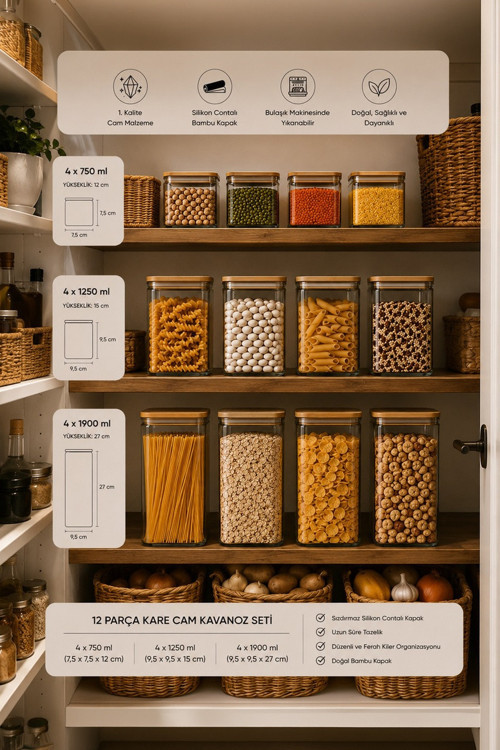 12'li Kare Bambu Ahşap Kapaklı Cam Kavanoz Seti – 1900 ml, 1250 ml, 750 ml Erzak & Baharatlık