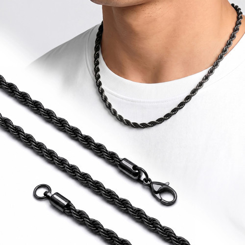 Rope Halat Siyah Erkek Çelik Kolye 6mm 55cm 3351ECK024