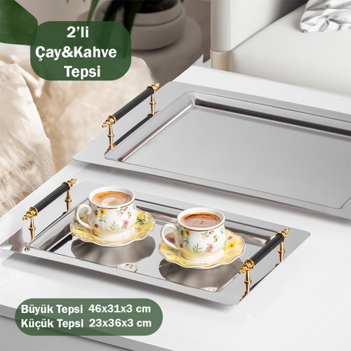 Porsima Gold 2 Li Paslanmaz Çelik Gümüş Kahve Sunum Tepsisi