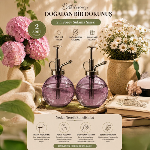 15729 2'li Cam Sprey Şişe Seti 350 ml – Mor Cam Çiçek Bitki Sulama Püskürtücü & Sprey Yağdanlık