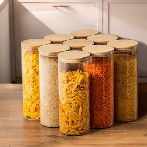 4-3 Bambu Vakumlu Kapaklı Borosilikat Cam 9lu Saklama Kabı 2100ml 10x30cm Şeffaf