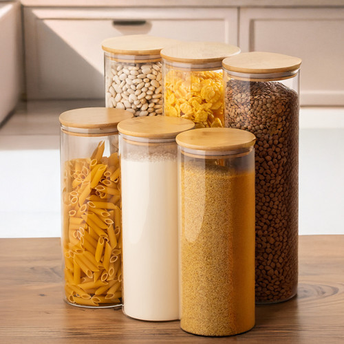 4-3 Bambu Vakumlu Kapaklı Yuvarlak Borosilikat Cam 6lı Kavanoz Seti Saklama Kabı 2100ml 10x30cm