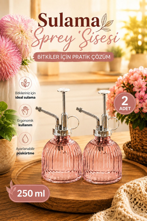 15731 2'li Cam Sprey Şişe Seti 250 ml – Pembe Cam Çiçek Bitki Sulama Püskürtücü & Sprey Yağdanlık