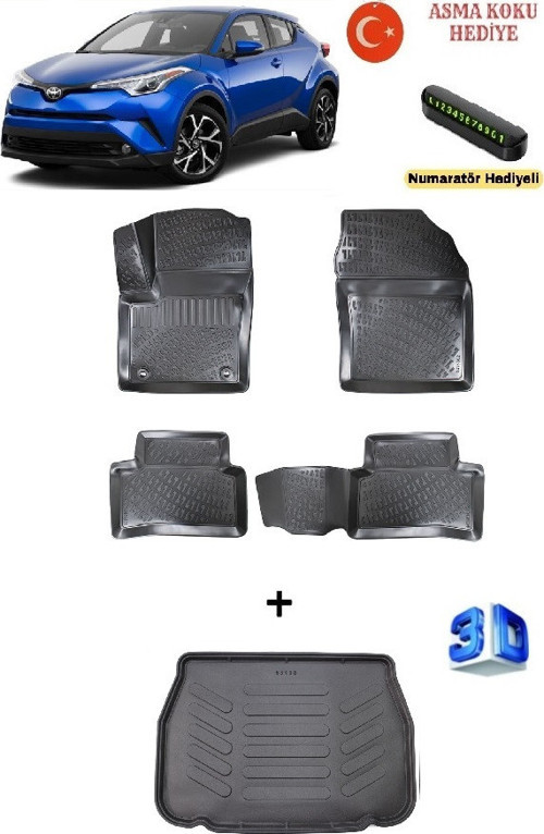 Toyota C-HR 2016-2022 Yılları Arası Uyumlu 3D Havuzlu Paspas ve Stepneli Bagaj Bagaj Havuzu Seti ASMA KOKU VE NUMARATÖR