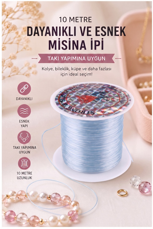 Misina İpi 0.5mm 10 Metre 1 Adet Esnek Boncuk Takı Dizme İpi Elastik İp Bileklik Aksesuar Lastiği Yuvarlak Elyaf Lastik