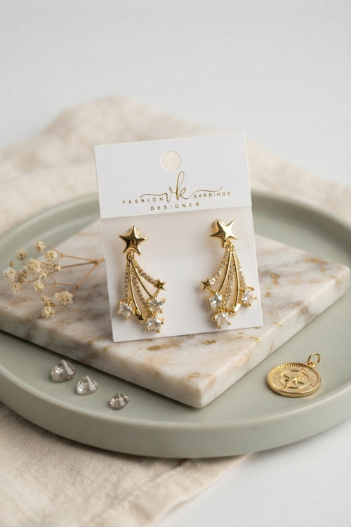 Gold Renk Zirkon Taşlı Model Pirinç Kadın Küpe