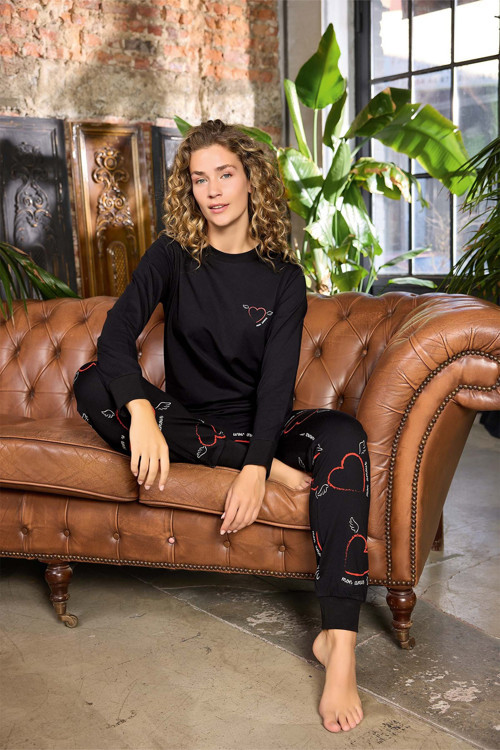 Kadın O Yaka Bileği Ribanalı Siyah Alçin Pijama Takımı 0596