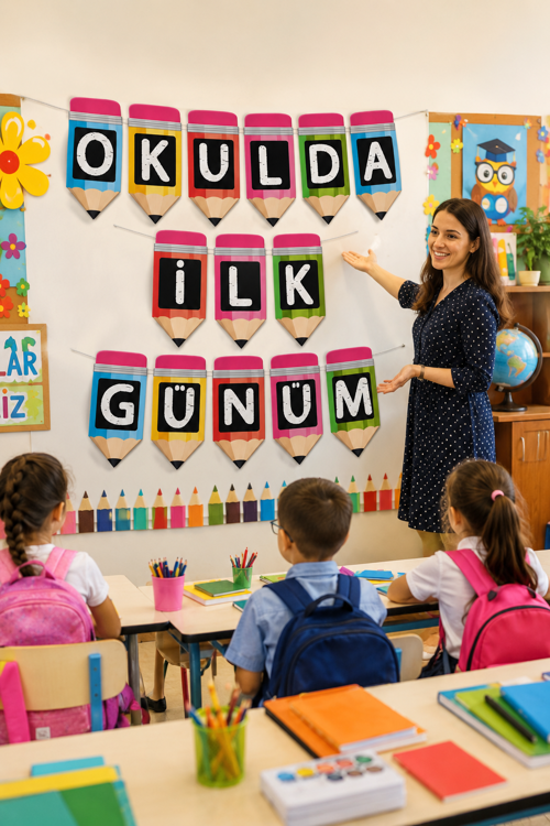 Okulda İlk Günüm Rengarenk Kalem Kağıt Banner Okula Dönüş Sınıf Okul Açılışı Süsü 200 cm