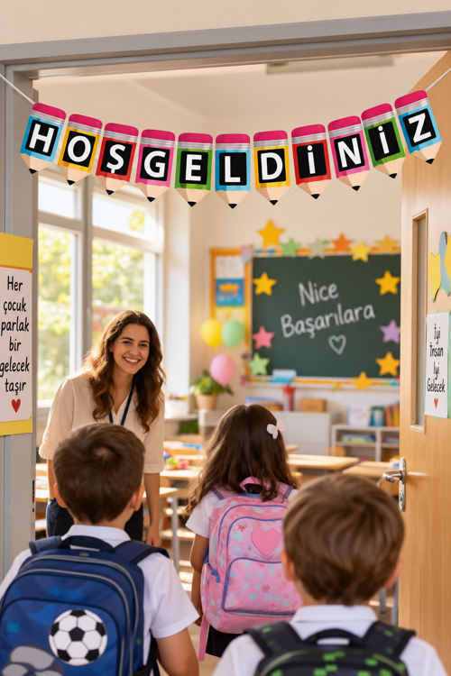 Hoşgeldiniz Dekoratif Okul Bannerı Yazı Asma Süsü 2 Metre Kalın Baskı Kağıt İpli Set