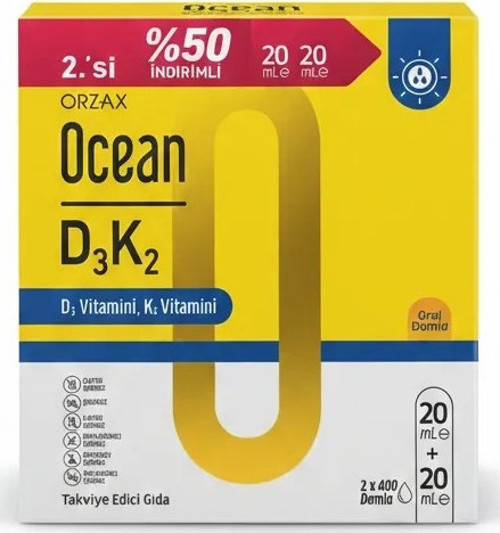Orzax Vitamin D3 K2 Damla 20 ml 2'li Avantaj Paket - Kombine D3 ve K2 Vitamini İçeren Takviye Edici Gıda