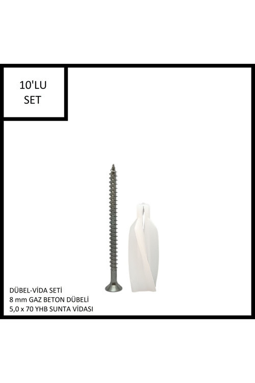 Dübel-Vida Seti, Gaz Beton (Ytong) Dübeli 8 mm, 5,0x70 YHB Sunta Vidası, 10 Adet