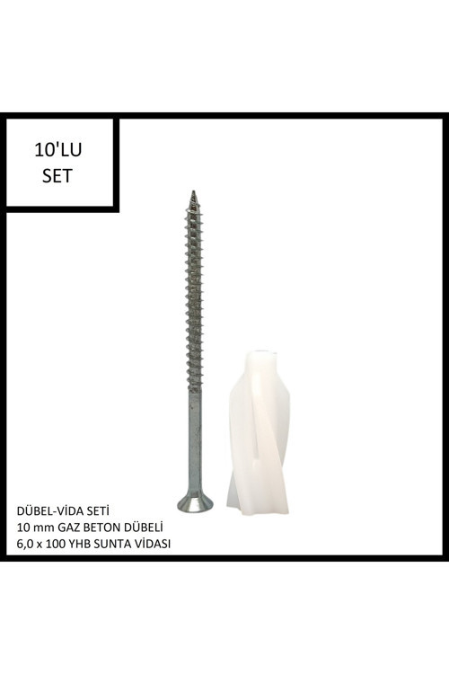 Dübel-Vida Seti, Gaz Beton (Ytong) Dübeli 10 mm, 6,0x100 YHB Sunta Vidası, 10 Adet