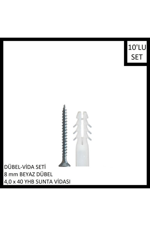 Dübel-Vida Seti, Beyaz Dübel 8 mm, 4,0x40 YHB Sunta Vidası, 10 Adet