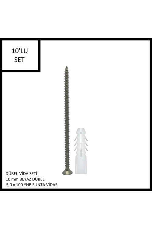 Dübel-Vida Seti, Beyaz Dübel 10 mm, 5,0x100 YHB Sunta Vidası, 10 Adet
