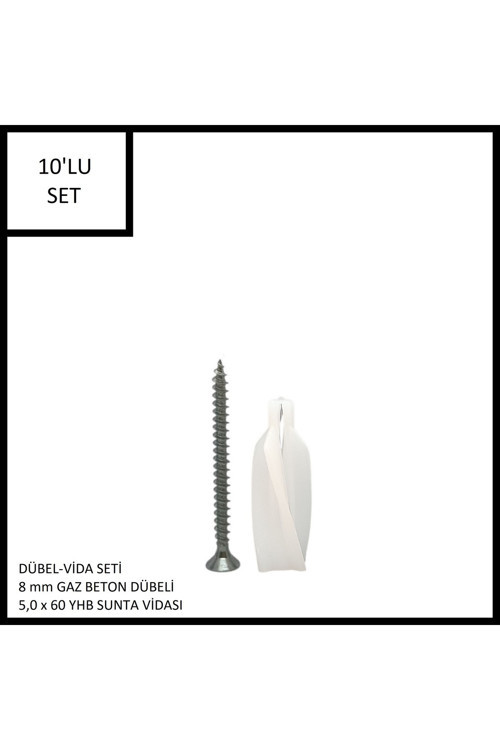 Dübel-Vida Seti, Gaz Beton (Ytong) Dübeli 8 mm, 5,0x60 YHB Sunta Vidası, 10 Adet
