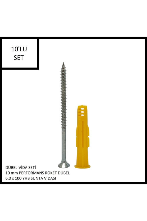 Dübel-Vida Seti, Roket Dübel 10 mm, 6,0x100 YHB Sunta Vidası, 10 Adet