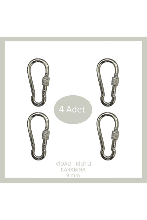 Galvanizli Vidalı (Kilitli) Karabina, 9 mm, Askı, Çengel, Kanca, Anahtarlık (4 Adet)