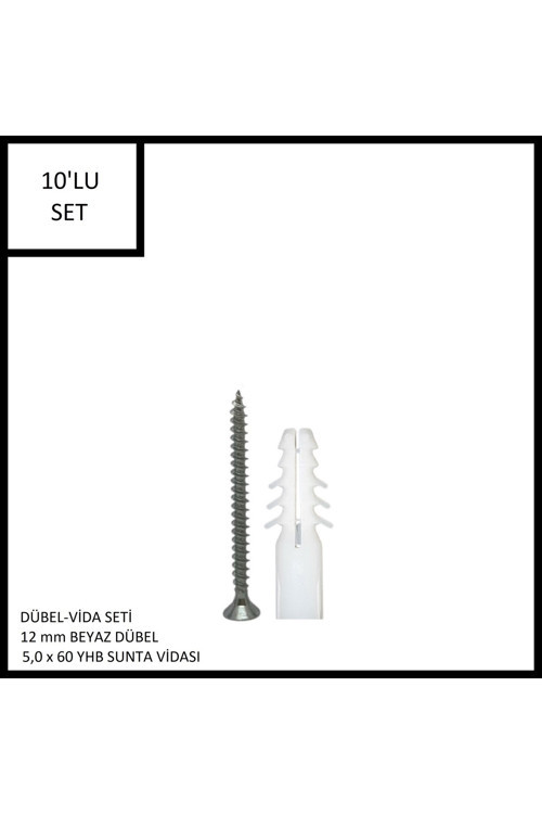 Dübel-Vida Seti, Beyaz Dübel 12 mm, 5,0x60 YHB Sunta Vidası, 10 Adet