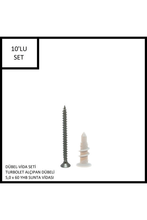 Dübel-Vida Seti, Turbolet Alçıpan Dübeli, 5,0x60 YHB Sunta Vidası, 10 Adet
