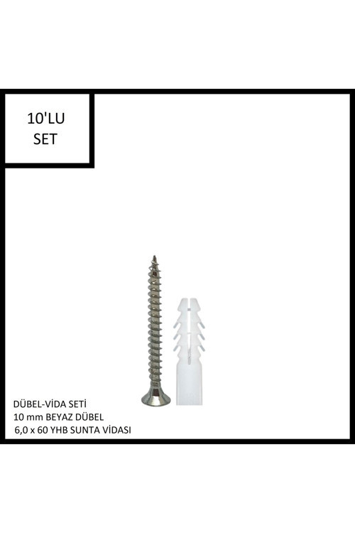 Dübel-Vida Seti, Beyaz Dübel 10 mm, 6,0x60 YHB Sunta Vidası, 10 Adet