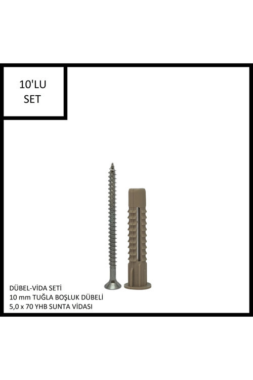 Dübel-Vida Seti, Tuğla Boşluk Dübeli 10 mm, 5,0x70 YHB Sunta Vidası, 10 Adet