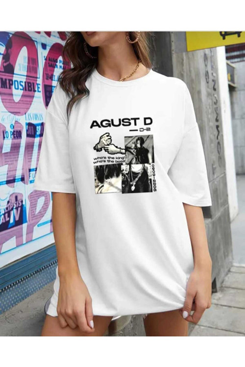 August Baskılı Oversize Tişört Basic Günlük Stil