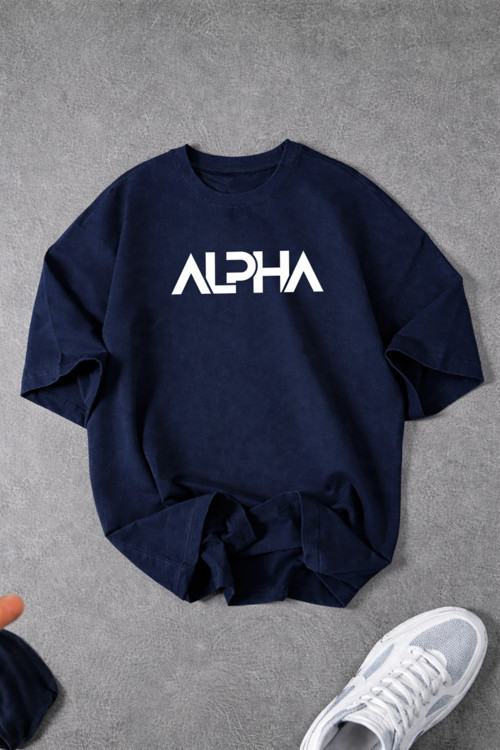 Unisex Kadın/Erkek Alpha Baskısız Yazlık Oversize Bisiklet Yaka Penye T-Shirt
