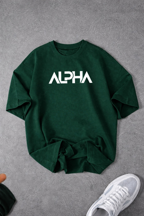 Unisex Kadın/Erkek Alpha Baskısız Yazlık Oversize Bisiklet Yaka Penye T-Shirt