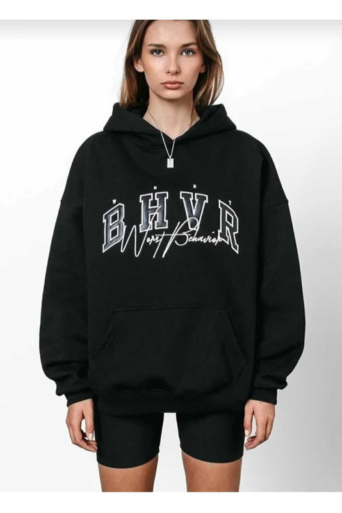 Malkoçbey Bhwr Baskılı Oversize Unisex Siyah Kapüşonlu Swetşirt