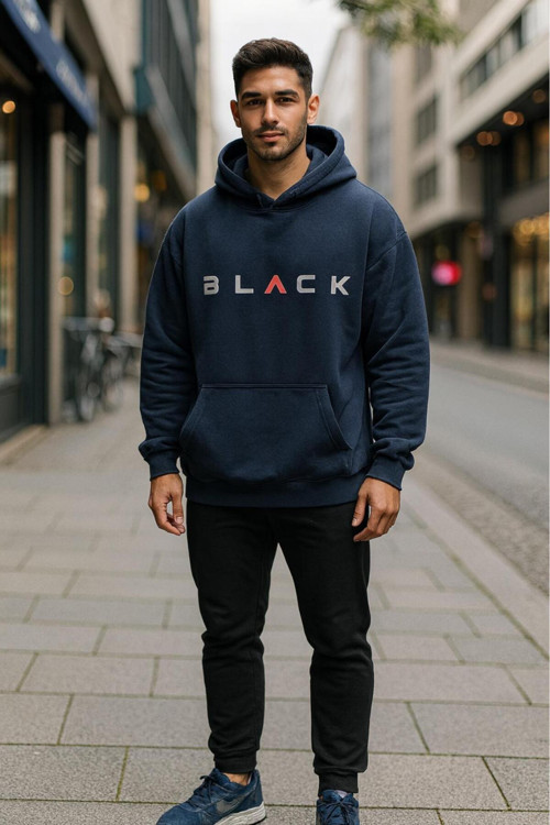 Black Kapüşonlu Baskılı Oversize Erkek Sweaşhirt