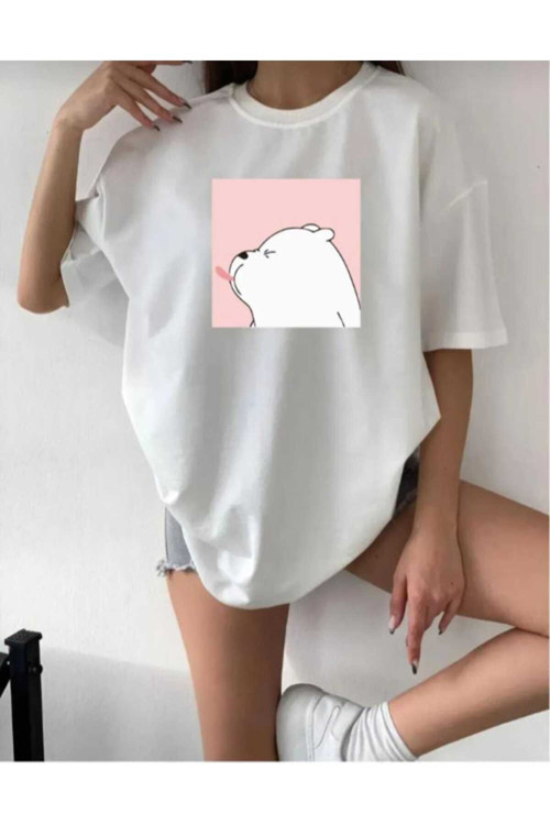 Malkoçbey Sevimli Ayı Baskılı Oversize Basic T-Şhirt