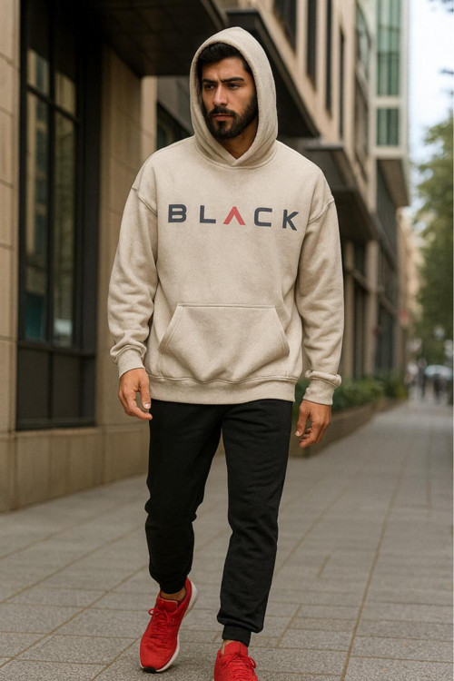 Black Kapüşonlu Baskılı Oversize Erkek Sweaşhirt