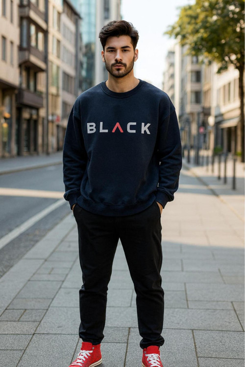 Black Bisiklet Yaka Baskılı Oversize Erkek Sweaşhirt