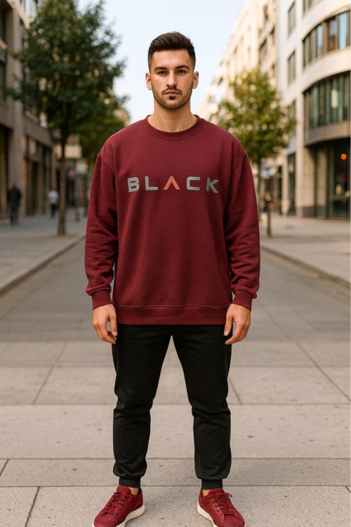 Black Bisiklet Yaka Baskılı Oversize Erkek Sweaşhirt