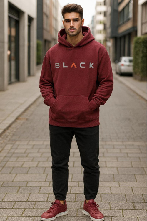 Black Kapüşonlu Baskılı Oversize Erkek Sweaşhirt