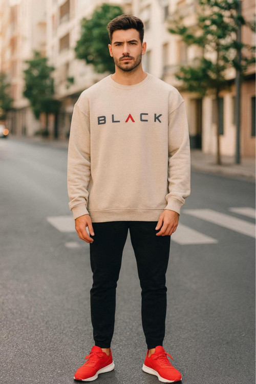 Black Bisiklet Yaka Baskılı Oversize Erkek Sweaşhirt