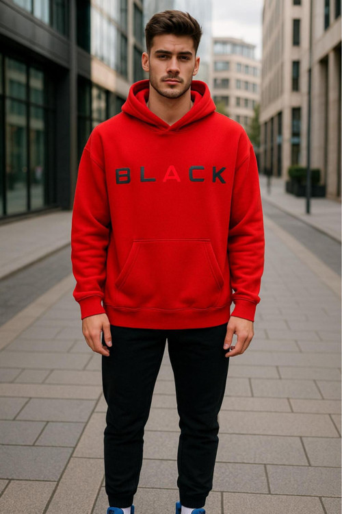 Black Kapüşonlu Baskılı Oversize Erkek Sweaşhirt