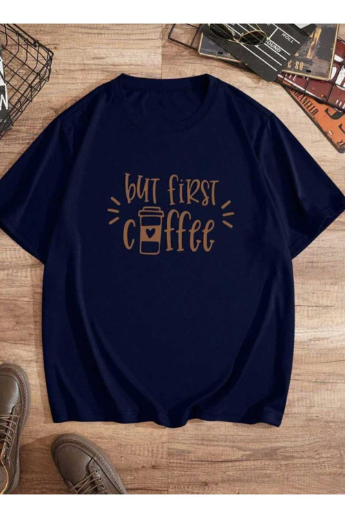 Coffee Baskılı Oversize Basic Bisiklet Yaka Unisex Tişört