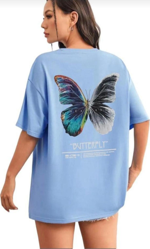 Kadın Butterfly Baskılı Bisiklet Yaka Tişört