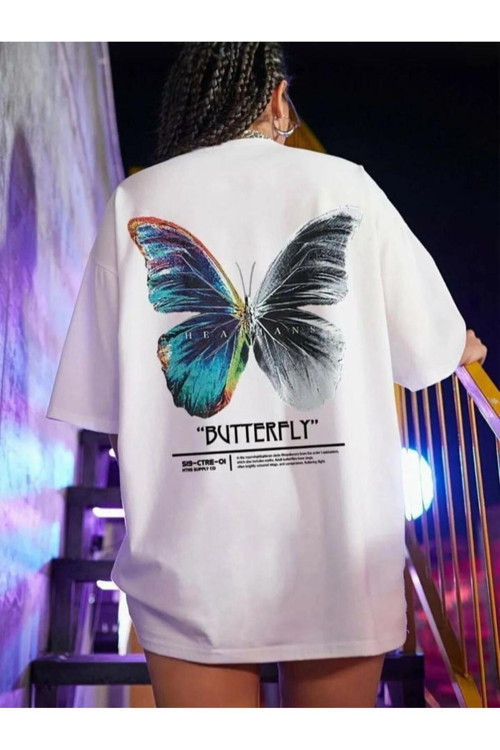 Kadın Butterfly Baskılı Bisiklet Yaka Tişört